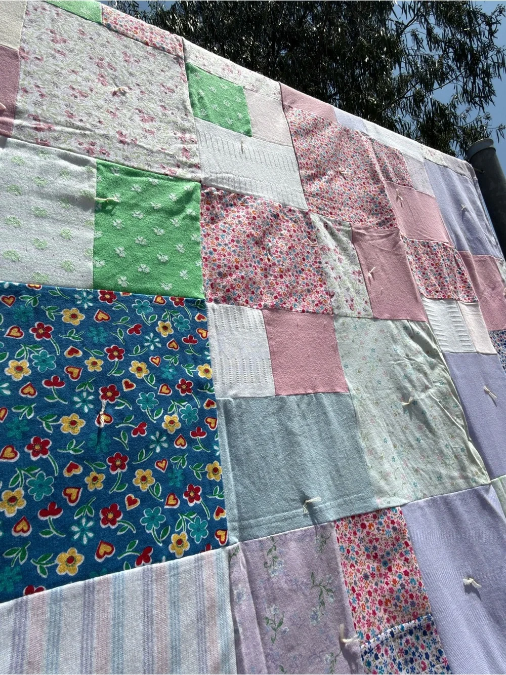 Pastel Patchwork Quilt in Pink, Green, Lavender, White - Charming Floral Squares
